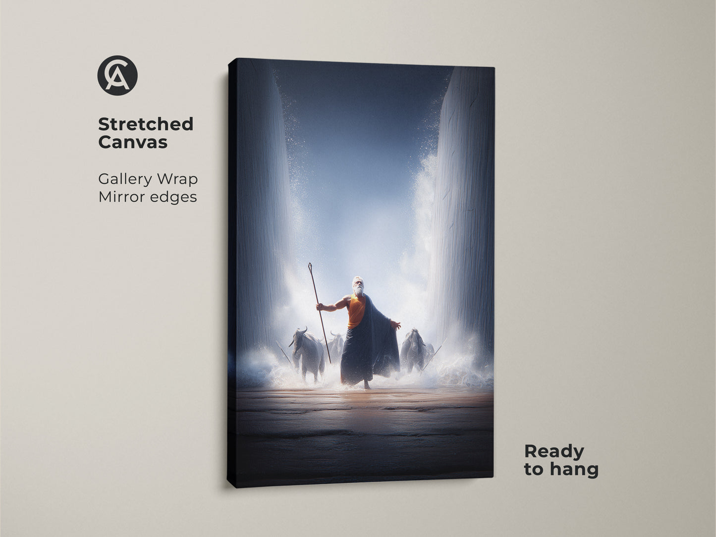 A stretched canvas print shows Moses parting the Red Sea. Gallery wrapped with mirrored edges. This biblical artwork is ready to hang. The epic bible scene features dark blue and orange hues. Ideal for adding a spiritual touch. This religious wall art is a unique gift. It captures divine intervention.