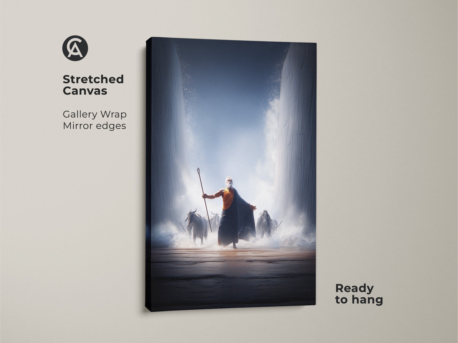 A stretched canvas print shows Moses parting the Red Sea. Gallery wrapped with mirrored edges. This biblical artwork is ready to hang. The epic bible scene features dark blue and orange hues. Ideal for adding a spiritual touch. This religious wall art is a unique gift. It captures divine intervention.