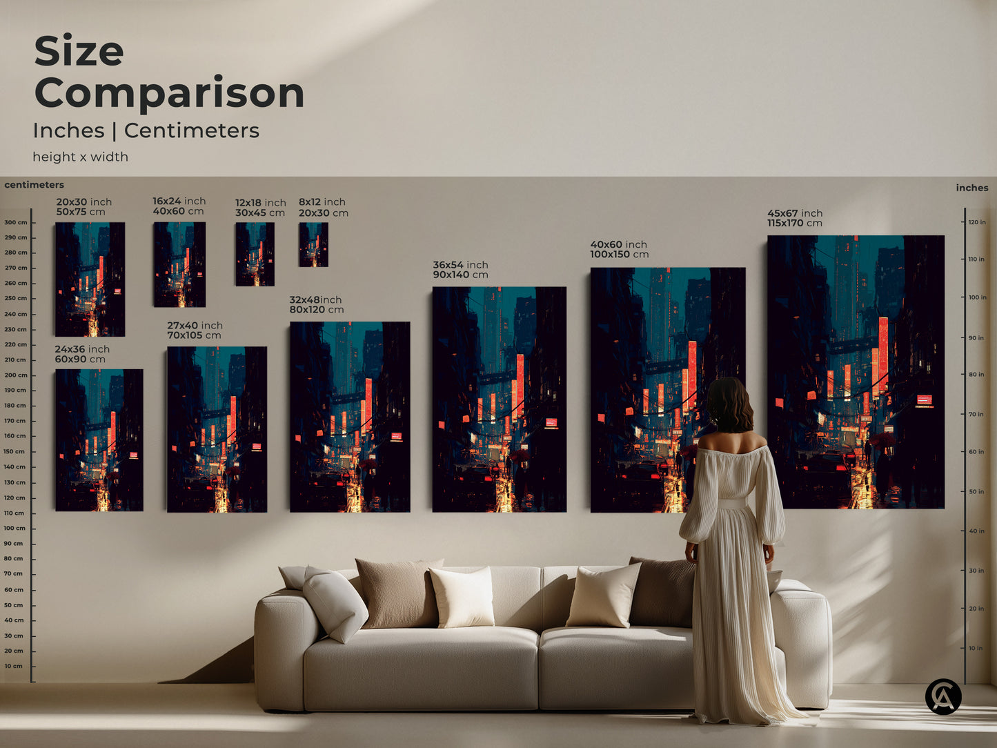 A size comparison of the cyberpunk cityscape art print. See how different sizes fit above a sofa. This teal and orange artwork is available in various dimensions. Choose the perfect size for your modern urban wall decor. Ideal for anime fans and contemporary art lovers.