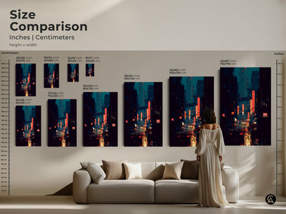 A size comparison of the cyberpunk cityscape art print. See how different sizes fit above a sofa. This teal and orange artwork is available in various dimensions. Choose the perfect size for your modern urban wall decor. Ideal for anime fans and contemporary art lovers.