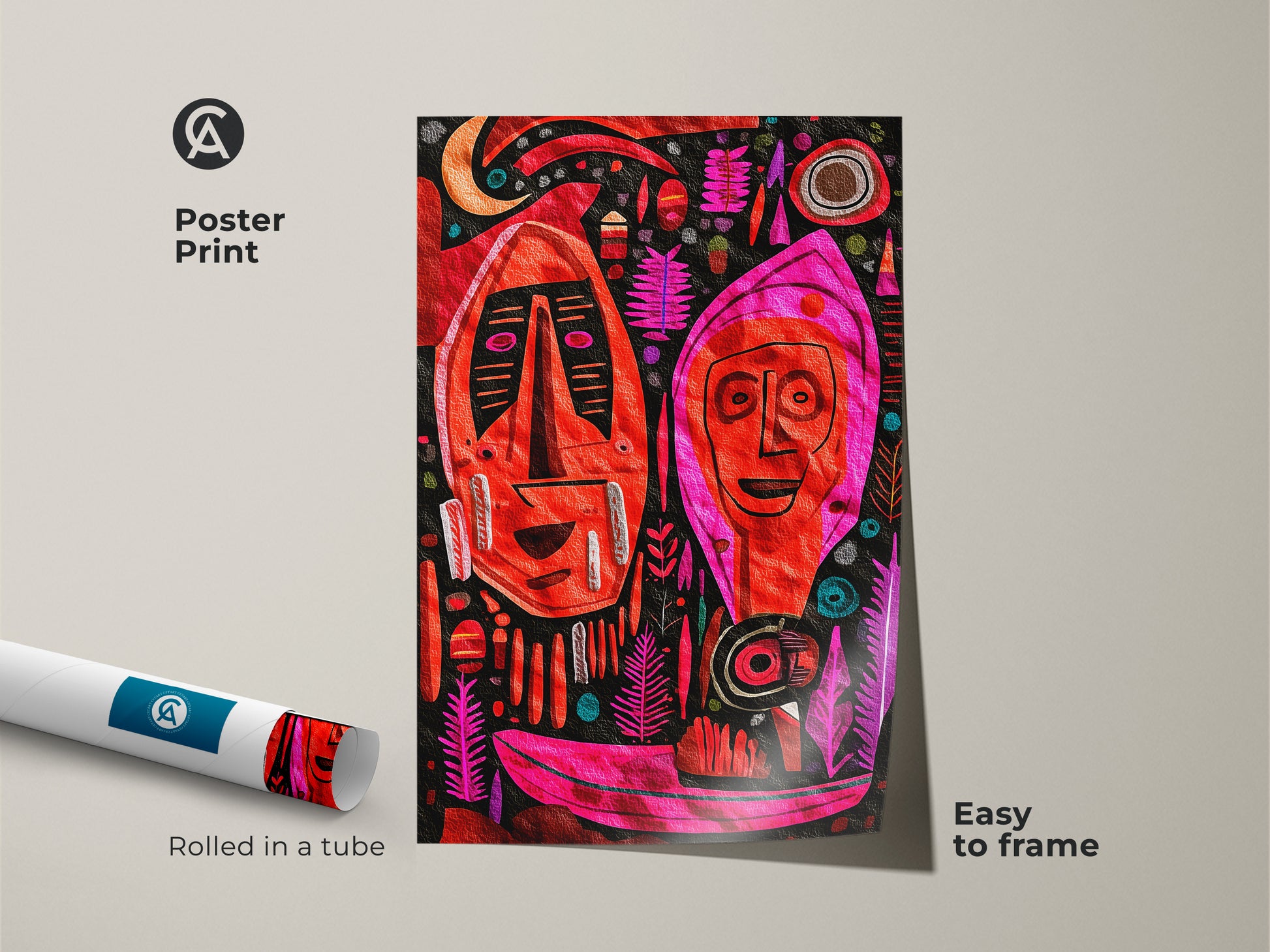 Poster print featuring tribal mask figurative art in red pink magenta tones. The primitive folk art print is perfect for an entryway and is easy to frame. A rolled canvas allows for housewarming gift art.