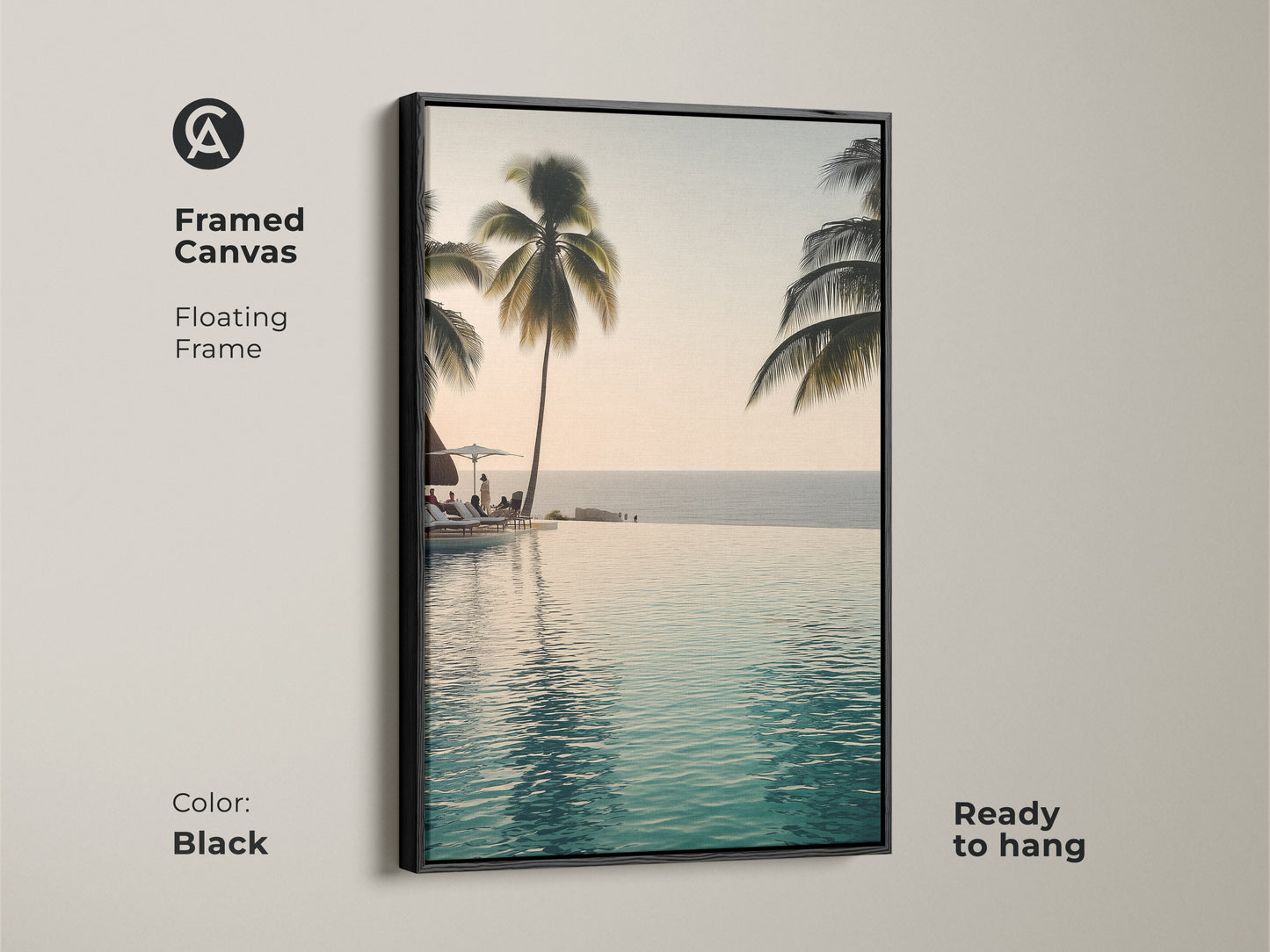 This framed canvas features an infinity pool with palm trees. A floating frame in black makes it ready to hang. Enjoy a coastal ocean view with this tropical beach landscape artwork.