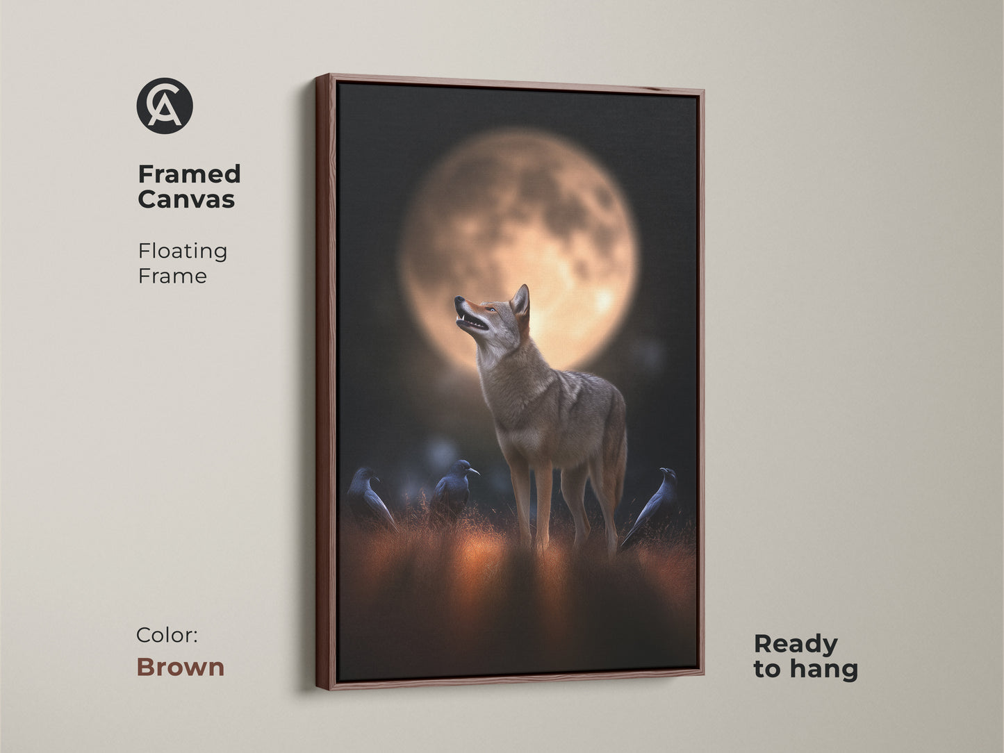 Brown framed canvas art shows a coyote and crows under a full moon. The floating frame enhances the rustic artwork. Ready to hang this wildlife print is perfect for animal lovers. The golden orange hues and dark details add charm to any room.