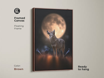 Brown framed canvas art shows a coyote and crows under a full moon. The floating frame enhances the rustic artwork. Ready to hang this wildlife print is perfect for animal lovers. The golden orange hues and dark details add charm to any room.