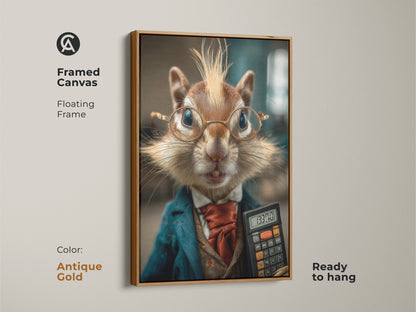 Framed canvas featuring a photorealistic chipmunk. An antique gold floating frame. Shop today for this office wall art. This unique animal print makes a great gift for boss day.