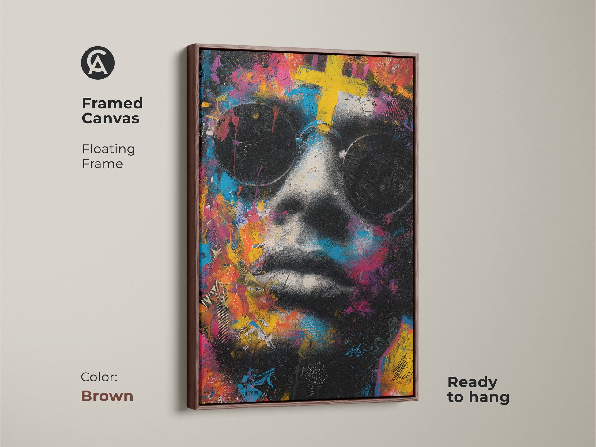 Framed canvas art with a floating frame. This art features a face with sunglasses and vibrant colors. The brown frame adds warmth to the artwork. Ready to hang this art enhances your living room decor.