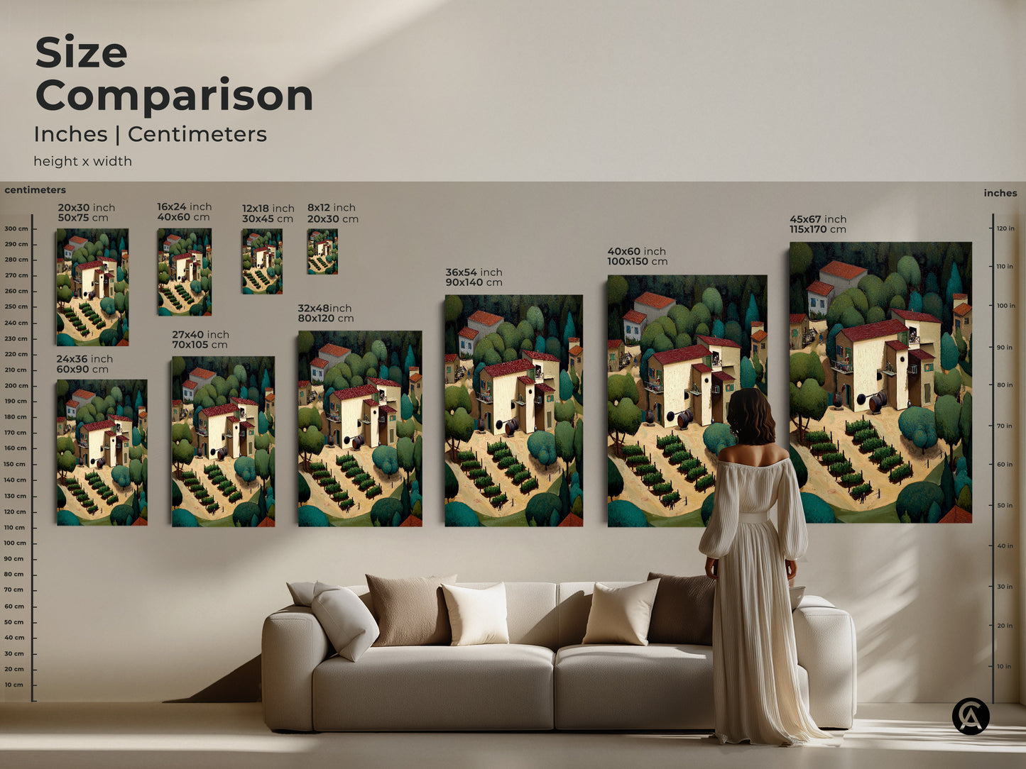 Size comparison in inches and centimeters. Rustic village wall art on canvas and poster. Naive art shows a countryside scene. Perfect wine lover housewarming gift adds farmhouse kitchen decor. Visualize the artwork in different sizes.