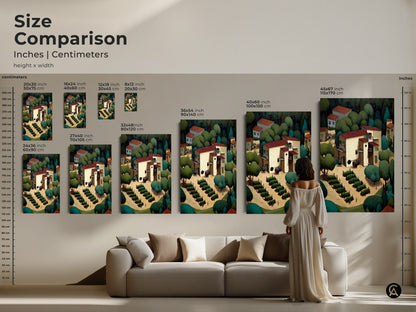 Size comparison in inches and centimeters. Rustic village wall art on canvas and poster. Naive art shows a countryside scene. Perfect wine lover housewarming gift adds farmhouse kitchen decor. Visualize the artwork in different sizes.