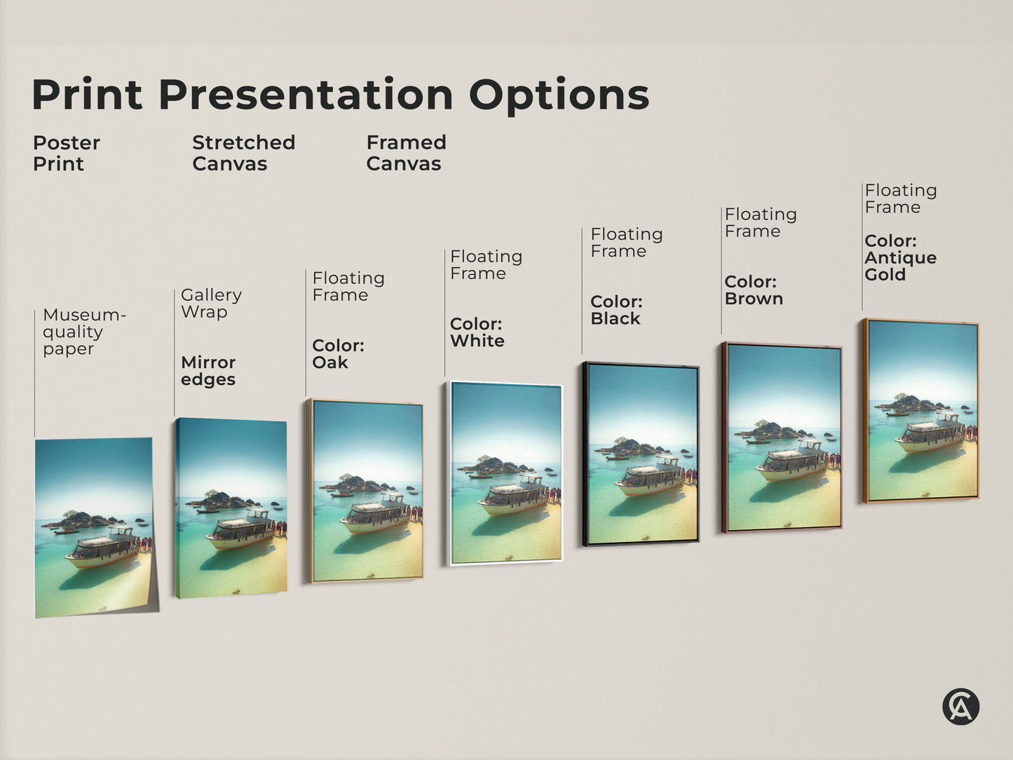 Print Presentation Options showcase Poster Print Stretched Canvas and Framed Canvas. Museum-quality paper with mirror edges and floating frames in oak white black brown and antique gold.