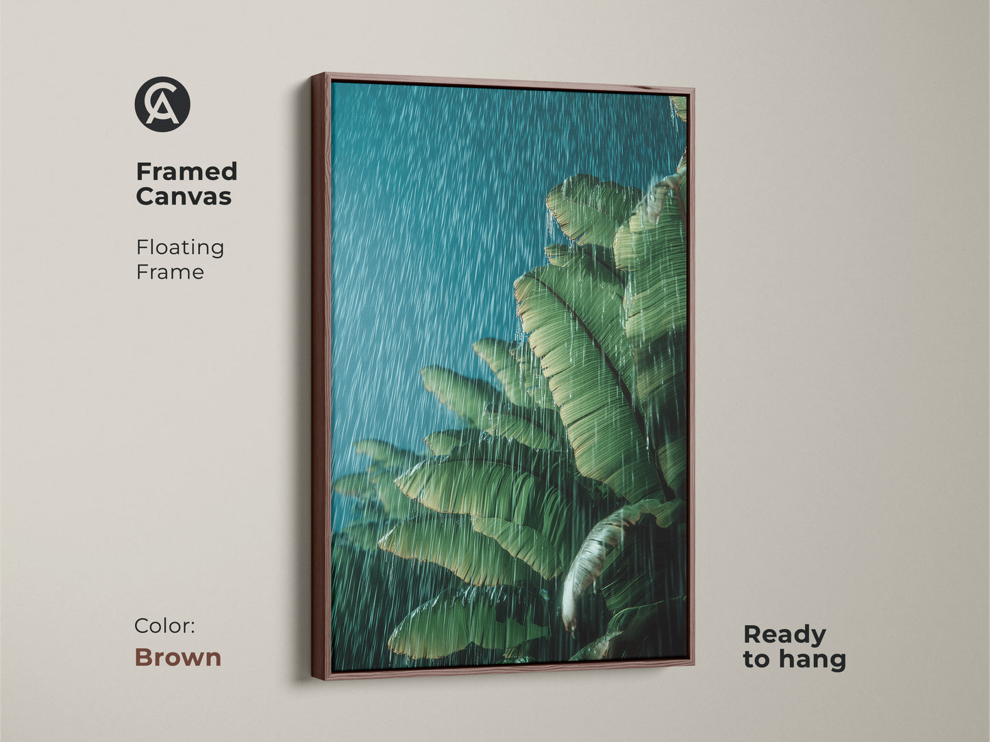 Brown framed canvas print of green teal tropical banana leaves in rain. This botanical wall art is ready to hang. The floating frame complements the nature-inspired wall art. A boho plant lover gift bringing tranquility to any space. Perfect for living room tropical art or bedroom decor.