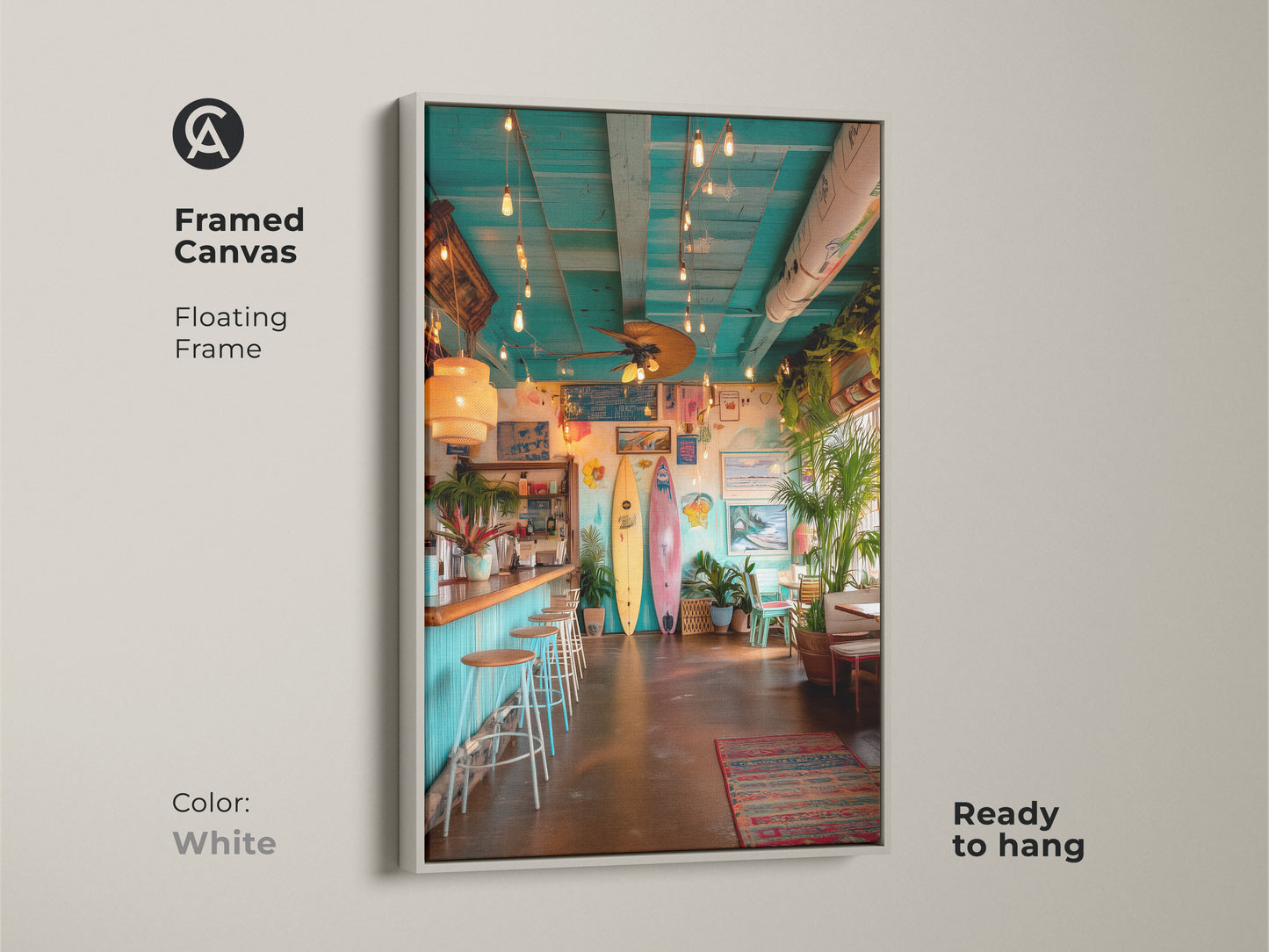 Brighten your decor with this white framed canvas art of a surf shack. The clean white frame complements the vibrant beach bar scene. This ready to hang artwork adds a fresh coastal vibe. The tropical plants and surfboards create a relaxing atmosphere. Perfect for any room.