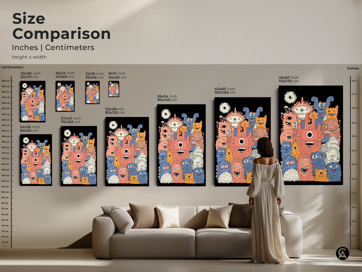 Size comparison of kids wall art prints in inches and centimeters. The monster artwork is available in various sizes. This cartoon art is perfect for a kids room or playroom. It adds a playful touch to any eclectic home decor.