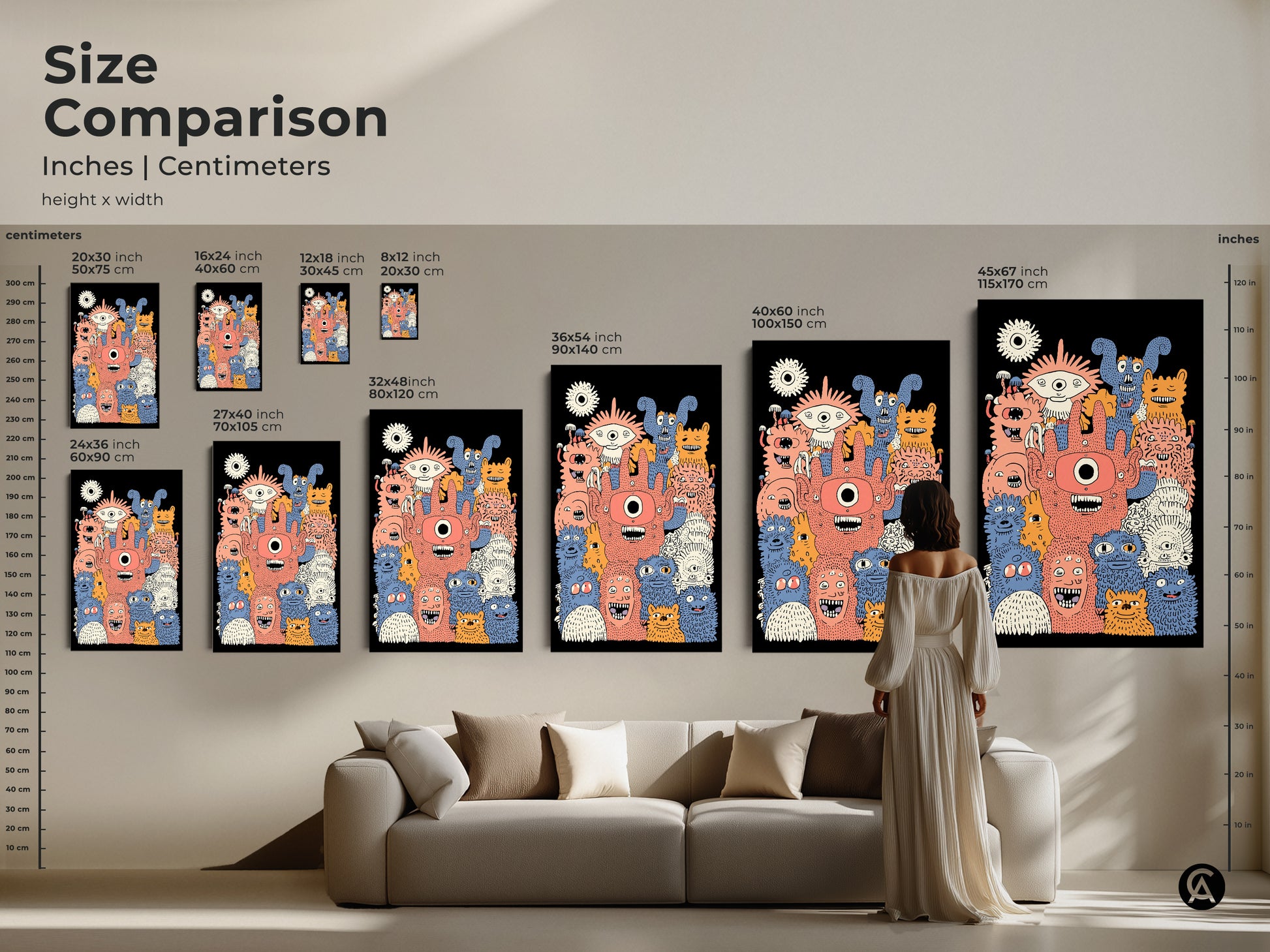 Size comparison of kids wall art prints in inches and centimeters. The monster artwork is available in various sizes. This cartoon art is perfect for a kids room or playroom. It adds a playful touch to any eclectic home decor.