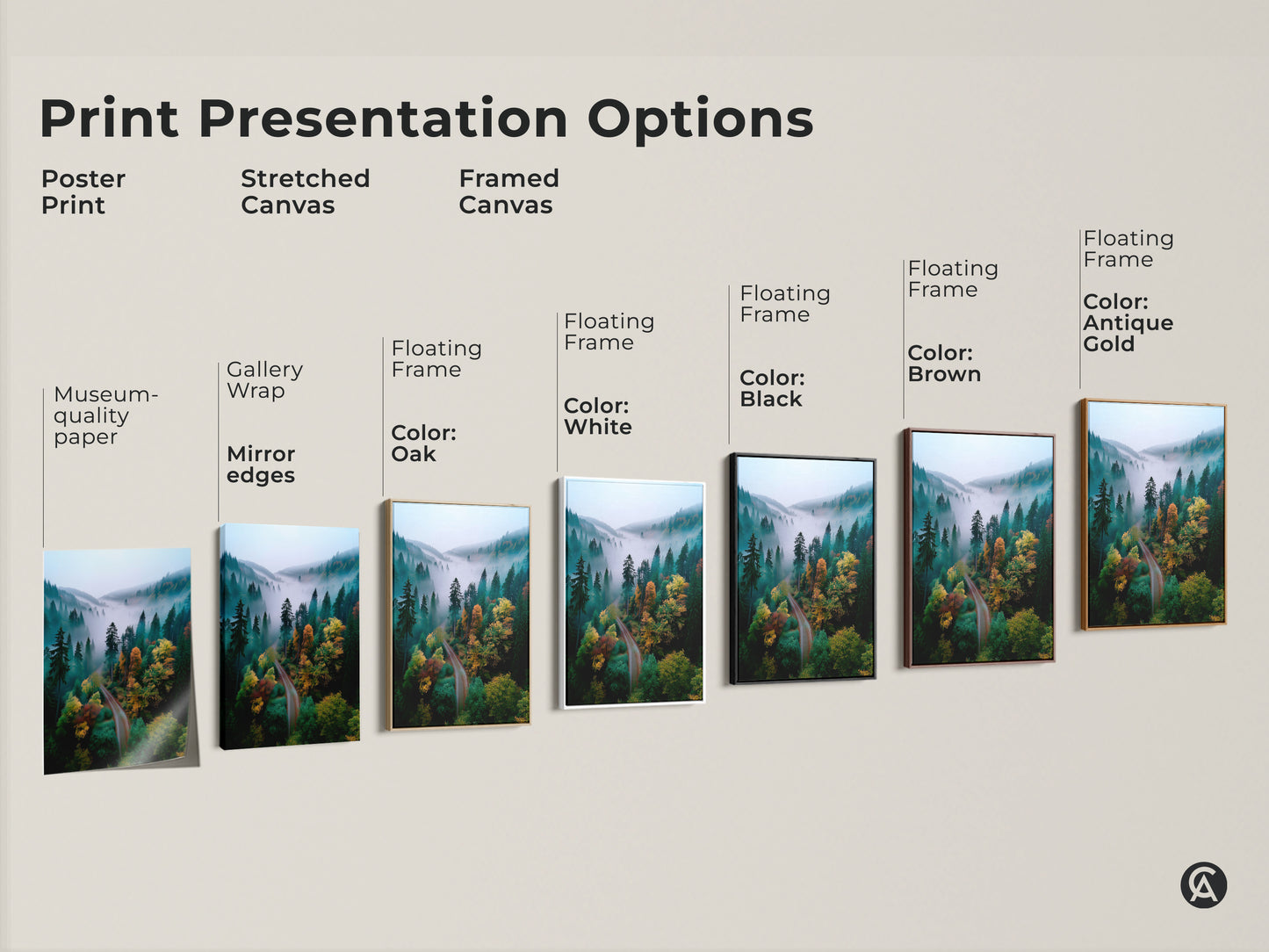 Print presentation options. This image shows a poster print. Also available are stretched canvas and framed canvas. Frame colors include oak white black brown and antique gold. These options let you customize your forest artwork. Find the perfect presentation for your style.