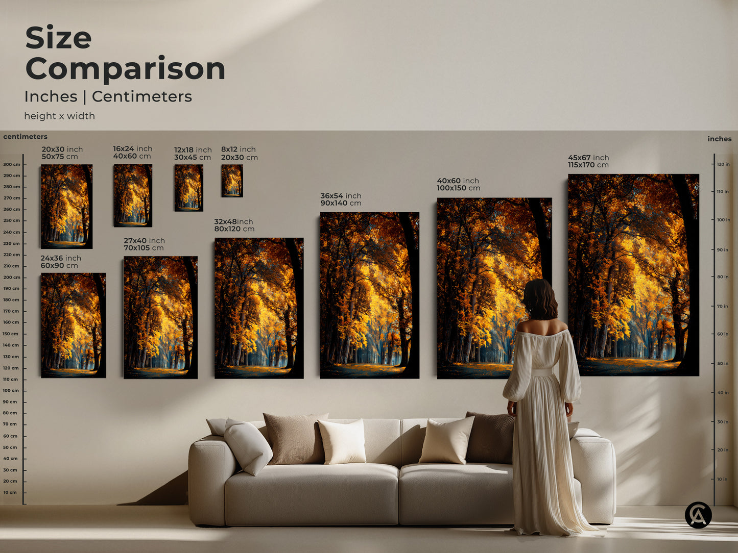 Size comparison of autumn forest prints. See various sizes in inches and centimeters. Choose from canvas or poster options. Find the ideal artwork for your space.