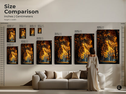 Size comparison of autumn forest prints. See various sizes in inches and centimeters. Choose from canvas or poster options. Find the ideal artwork for your space.