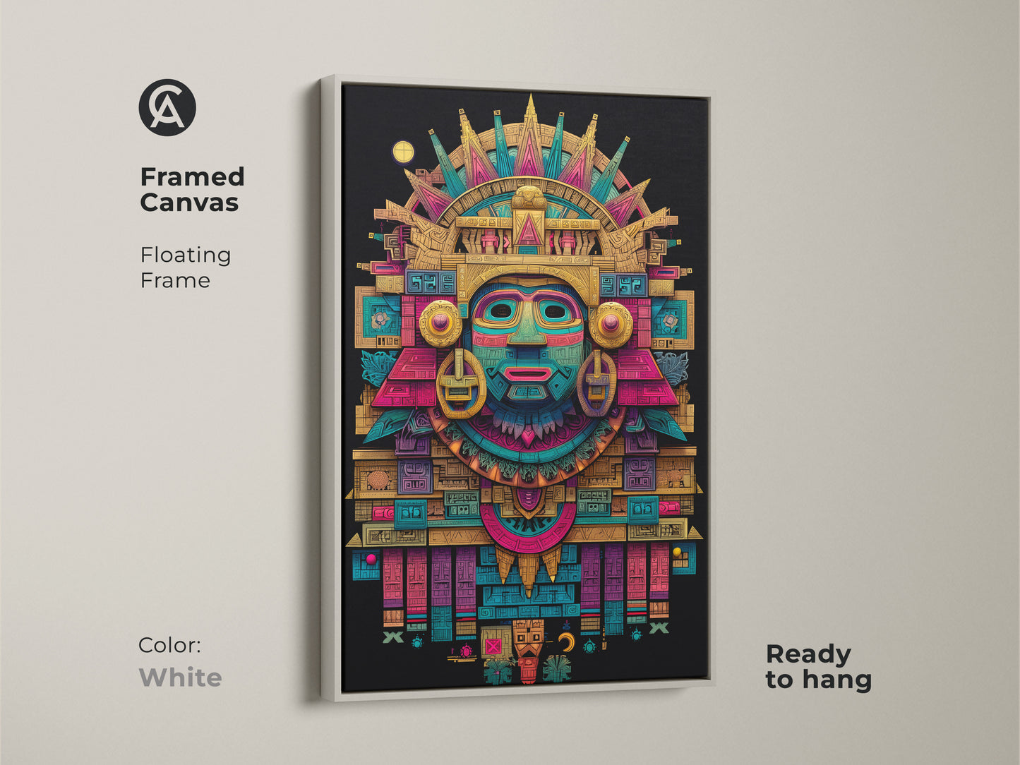 Framed canvas of Mayan mask art with a white floating frame. The white frame highlights the artwork's vibrant colors and detailed geometric patterns. This framed piece adds a clean and modern touch to your home. Ready to hang.