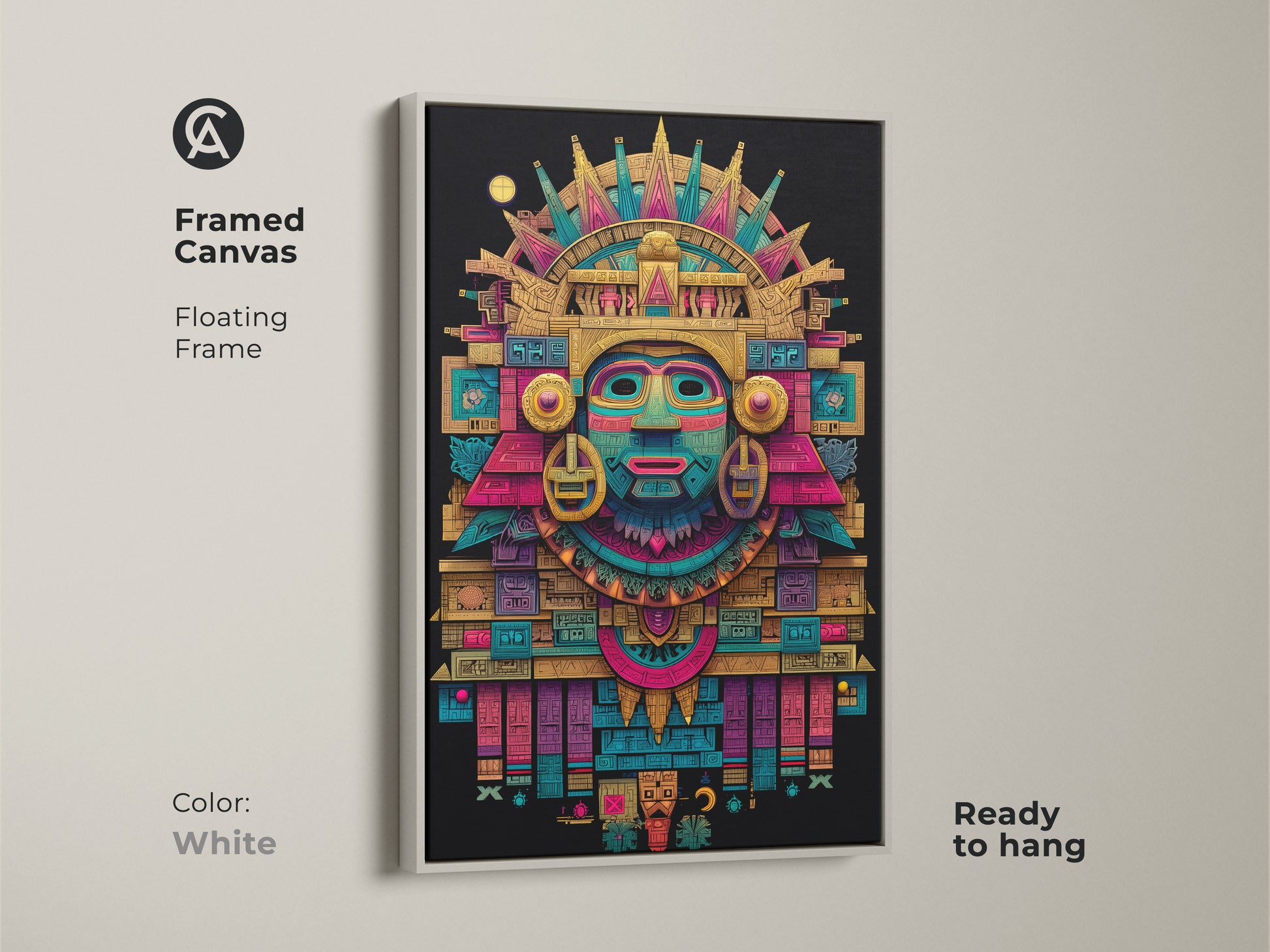 Framed canvas of Mayan mask art with a white floating frame. The white frame highlights the artwork's vibrant colors and detailed geometric patterns. This framed piece adds a clean and modern touch to your home. Ready to hang.