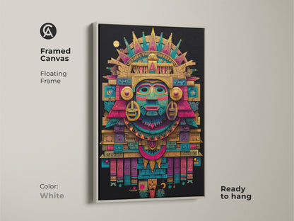 Framed canvas of Mayan mask art with a white floating frame. The white frame highlights the artwork's vibrant colors and detailed geometric patterns. This framed piece adds a clean and modern touch to your home. Ready to hang.
