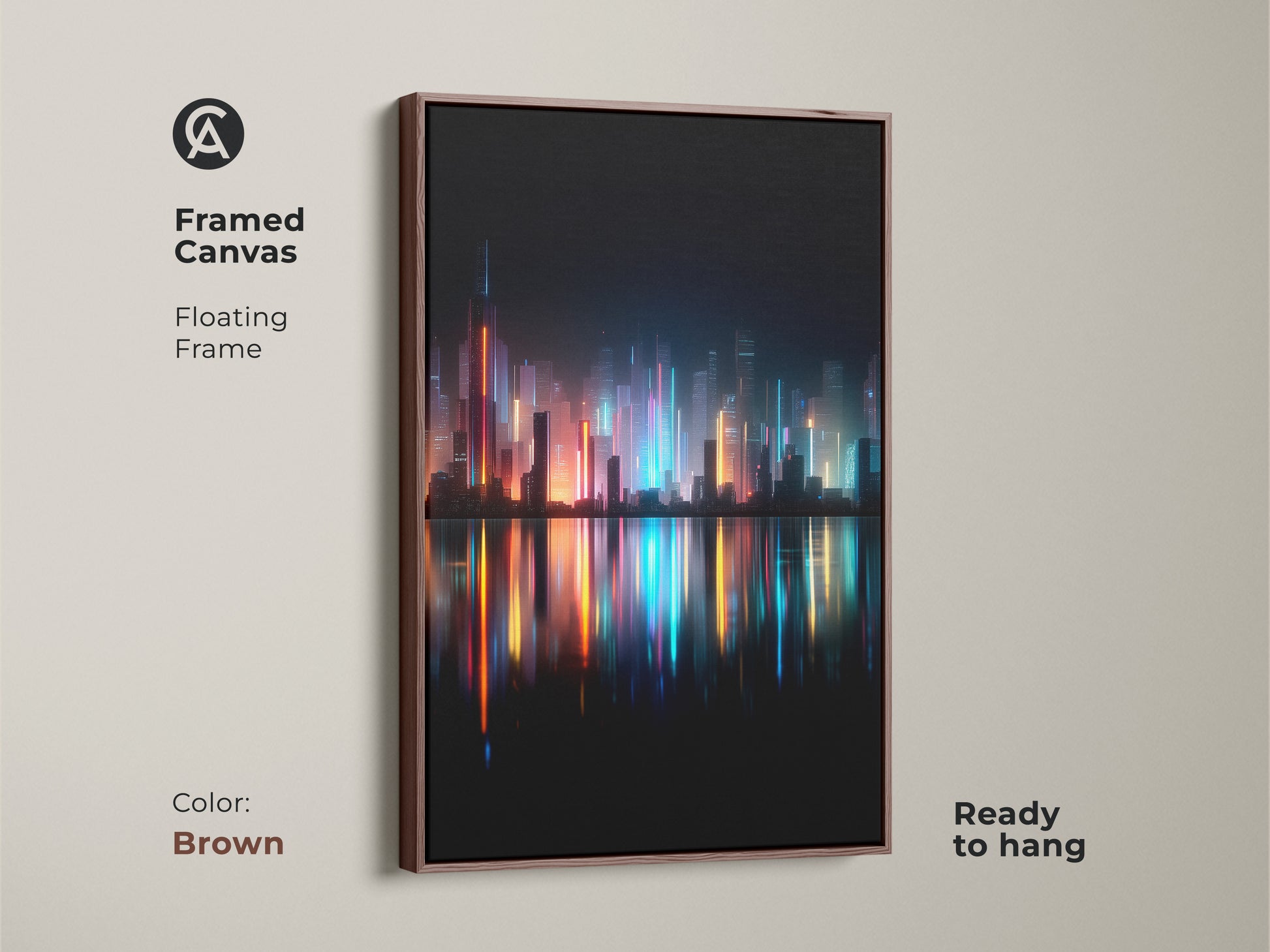 Framed canvas artwork of a city skyline at night. The piece has a brown floating frame. It is ready to hang. The art captures the vibrant reflections of the city lights.