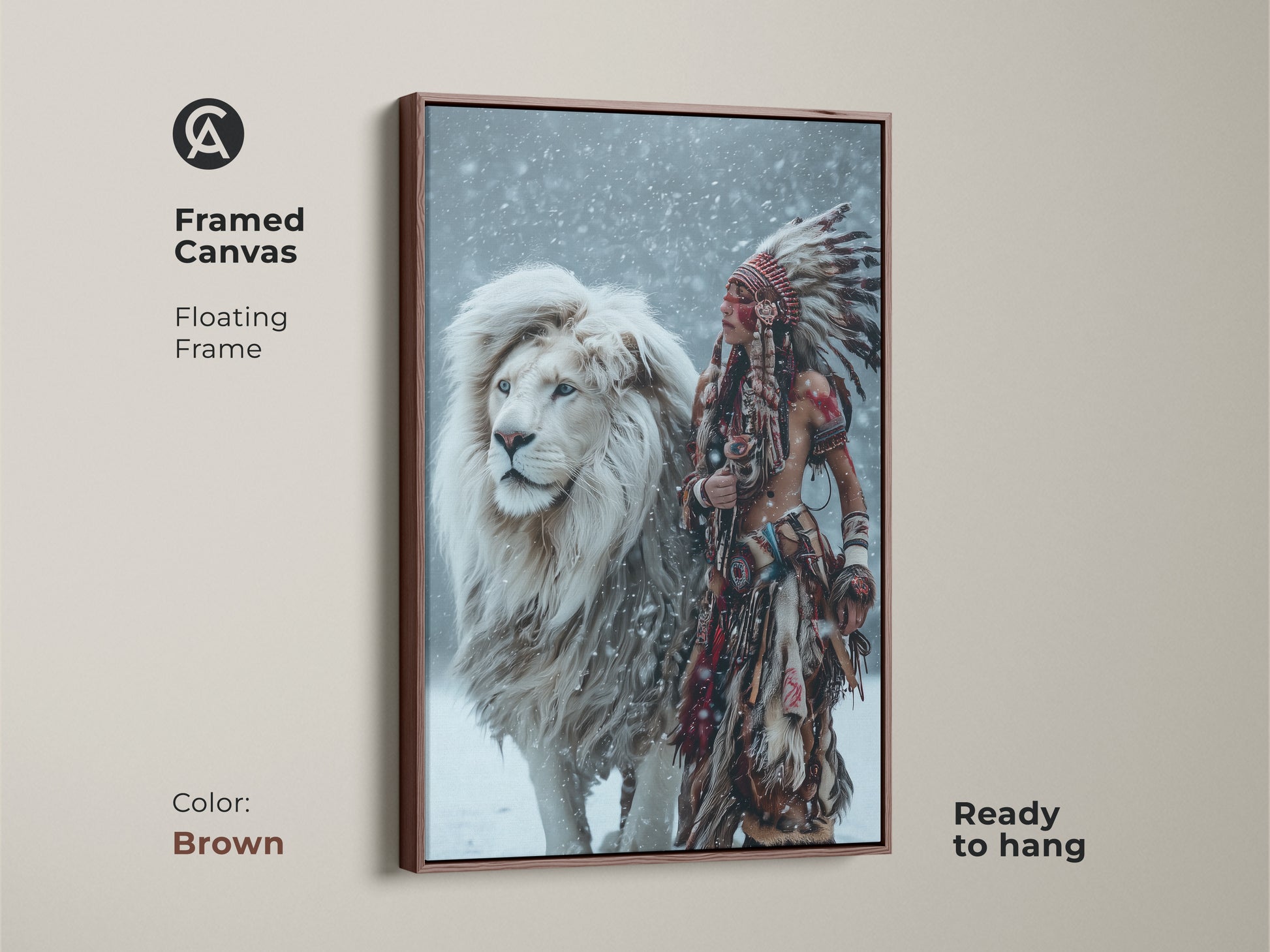 Behold the Majestic Harmony framed canvas. A brown floating frame highlights a Native American figure with a white lion. This ready-to-hang artwork adds warmth to any room. Enjoy this captivating piece in your home.