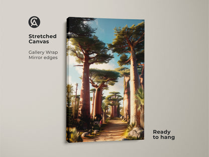 Stretched canvas art print features a boho baobab tree in an African savanna landscape. Earthy tones and a green blue sky create a serene nature decor. This travel wanderlust art is ready to hang. It is a perfect housewarming gift for travelers.