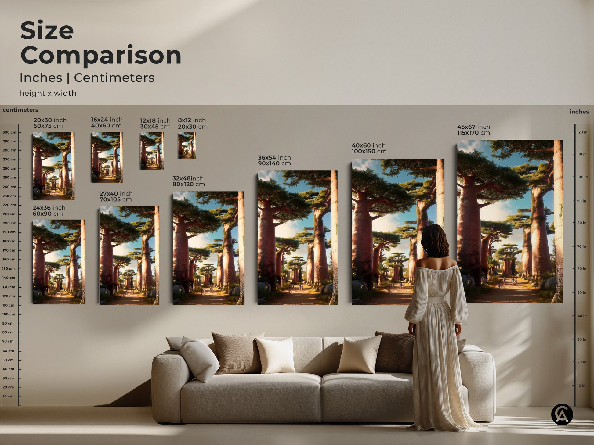 Size comparison of African Baobab Tree art in inches and centimeters. See how the artwork fits in a residential setting. The earthy tones canvas adds a boho touch to any room. Choose the right size for your travel themed home decor and enjoy the serene landscape.