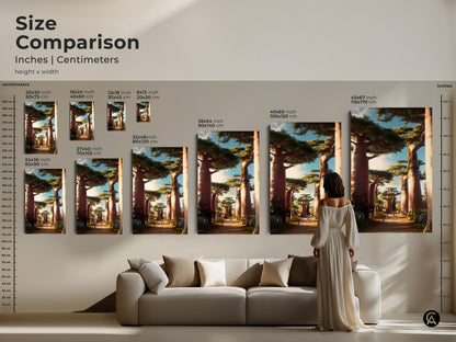 Size comparison of African Baobab Tree art in inches and centimeters. See how the artwork fits in a residential setting. The earthy tones canvas adds a boho touch to any room. Choose the right size for your travel themed home decor and enjoy the serene landscape.