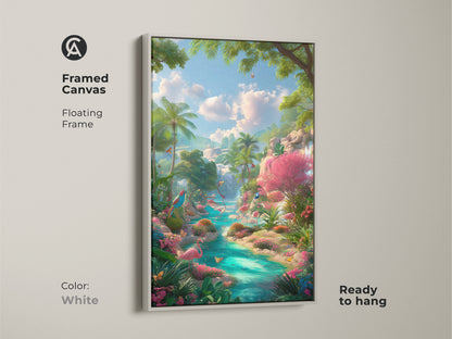Framed canvas artwork of a tropical flamingo paradise in a white floating frame. This ready-to-hang art provides a fresh and clean look. Ideal for creating a serene and stylish atmosphere in any room.