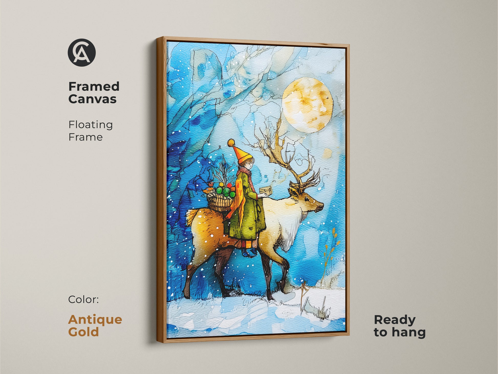 A framed canvas art shows a child riding a reindeer beneath a full moon. The antique gold frame highlights the blue and yellow tones of this winter wonderland wall art. Perfect christmas nursery decor makes a festive gift. This magical winter scene is ready to hang.