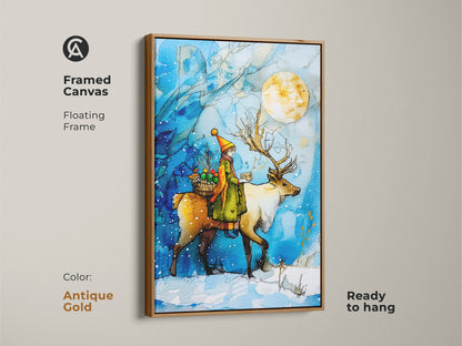 A framed canvas art shows a child riding a reindeer beneath a full moon. The antique gold frame highlights the blue and yellow tones of this winter wonderland wall art. Perfect christmas nursery decor makes a festive gift. This magical winter scene is ready to hang.