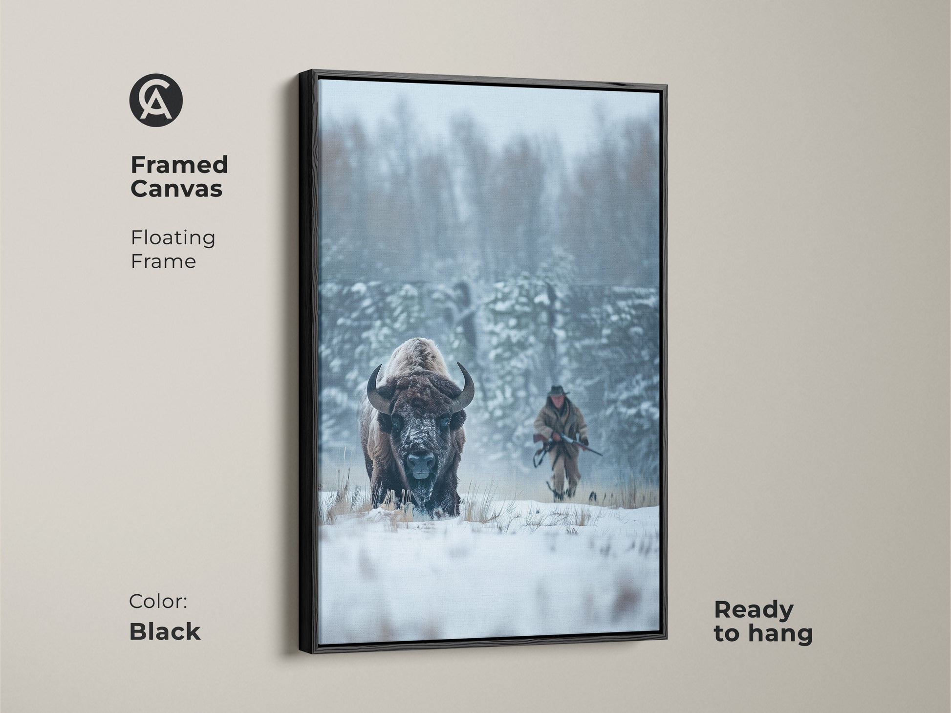 Framed canvas art featuring a bison in winter. The floating black frame adds a touch of modern elegance. This ready-to-hang artwork brings a wildlife scene to your wall. This art is a great addition to any room.