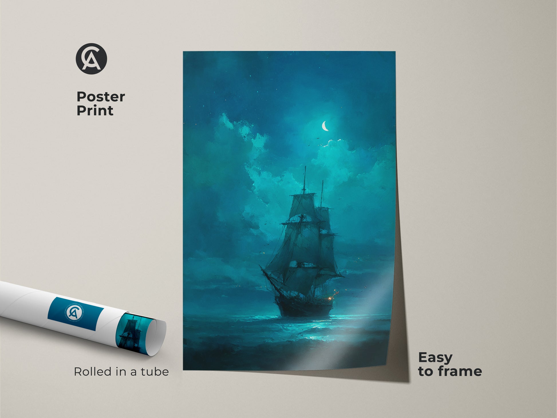 A poster print of a tall ship sailing at night. The artwork is easy to frame and arrives rolled in a tube. This nautical themed art is perfect for any room. Purchase a poster print for your home or office