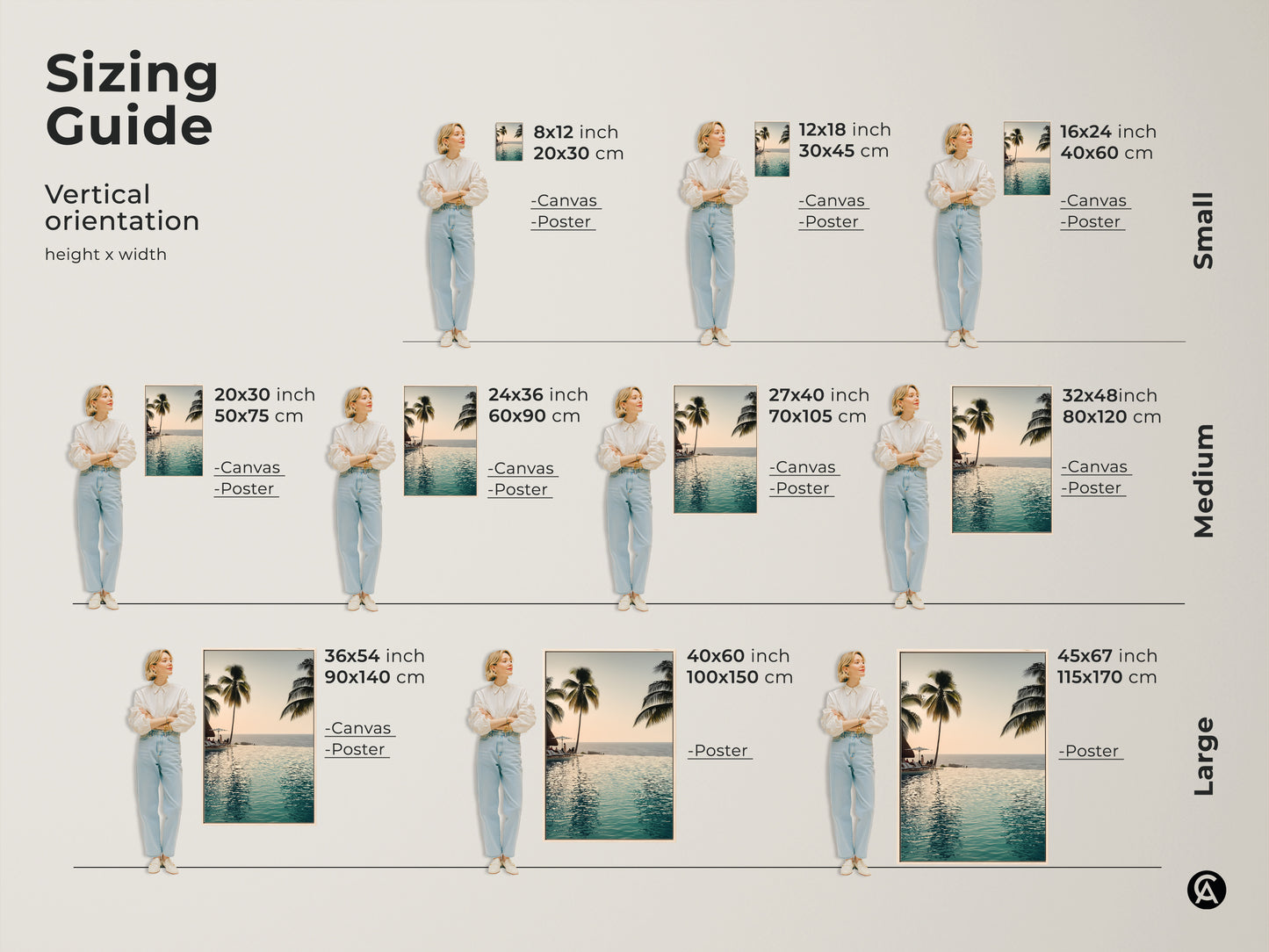 Discover the perfect size with this vertical orientation sizing guide. Available in small medium and large sizes. Choose from canvas or poster prints to match your space and style.