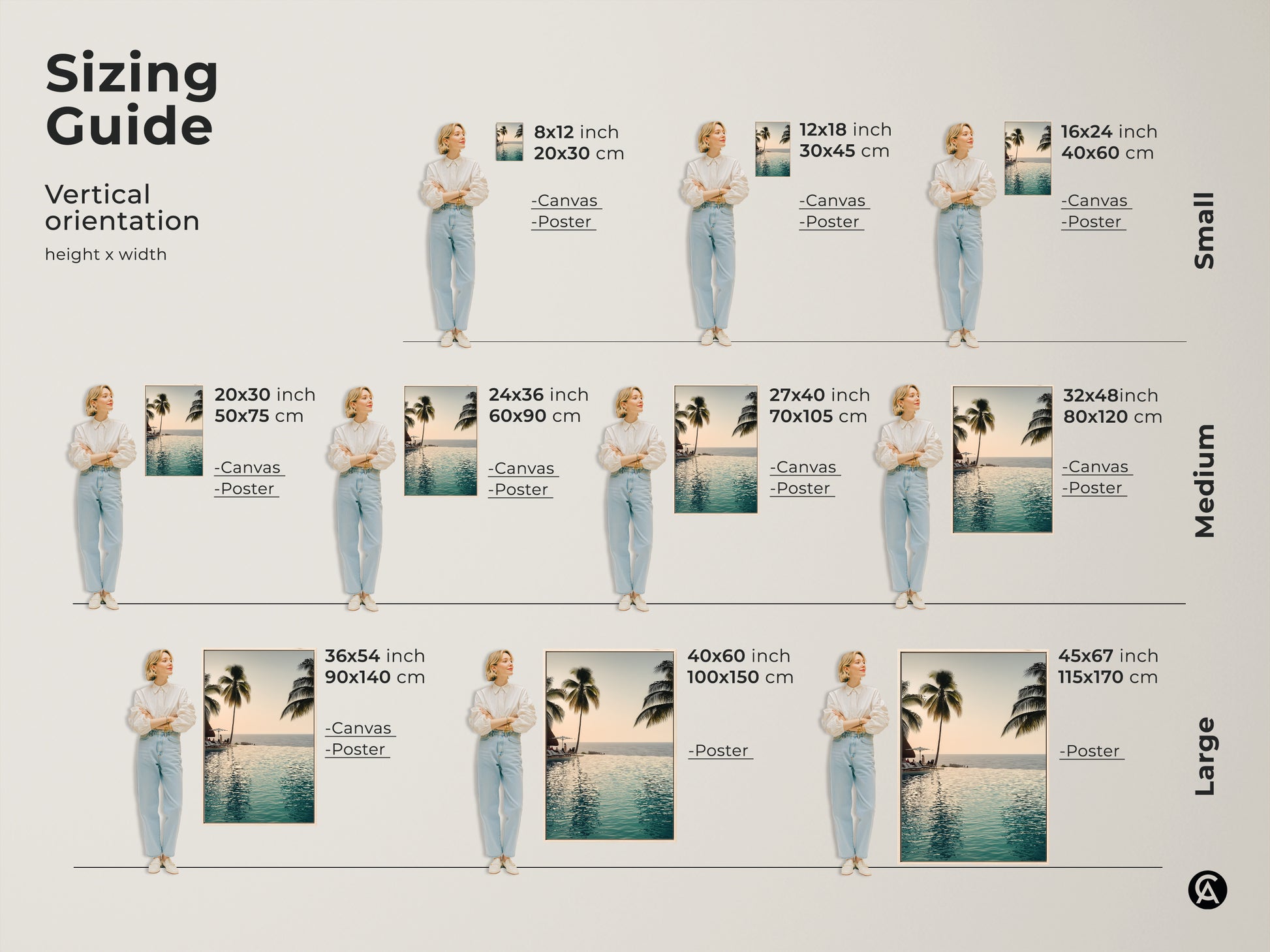 Discover the perfect size with this vertical orientation sizing guide. Available in small medium and large sizes. Choose from canvas or poster prints to match your space and style.