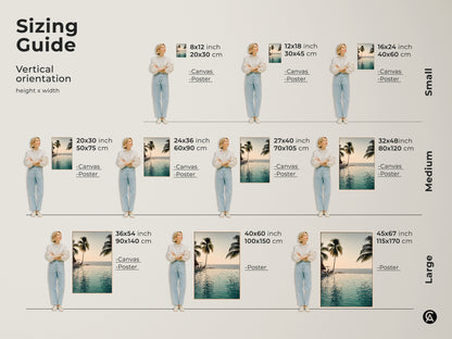Discover the perfect size with this vertical orientation sizing guide. Available in small medium and large sizes. Choose from canvas or poster prints to match your space and style.