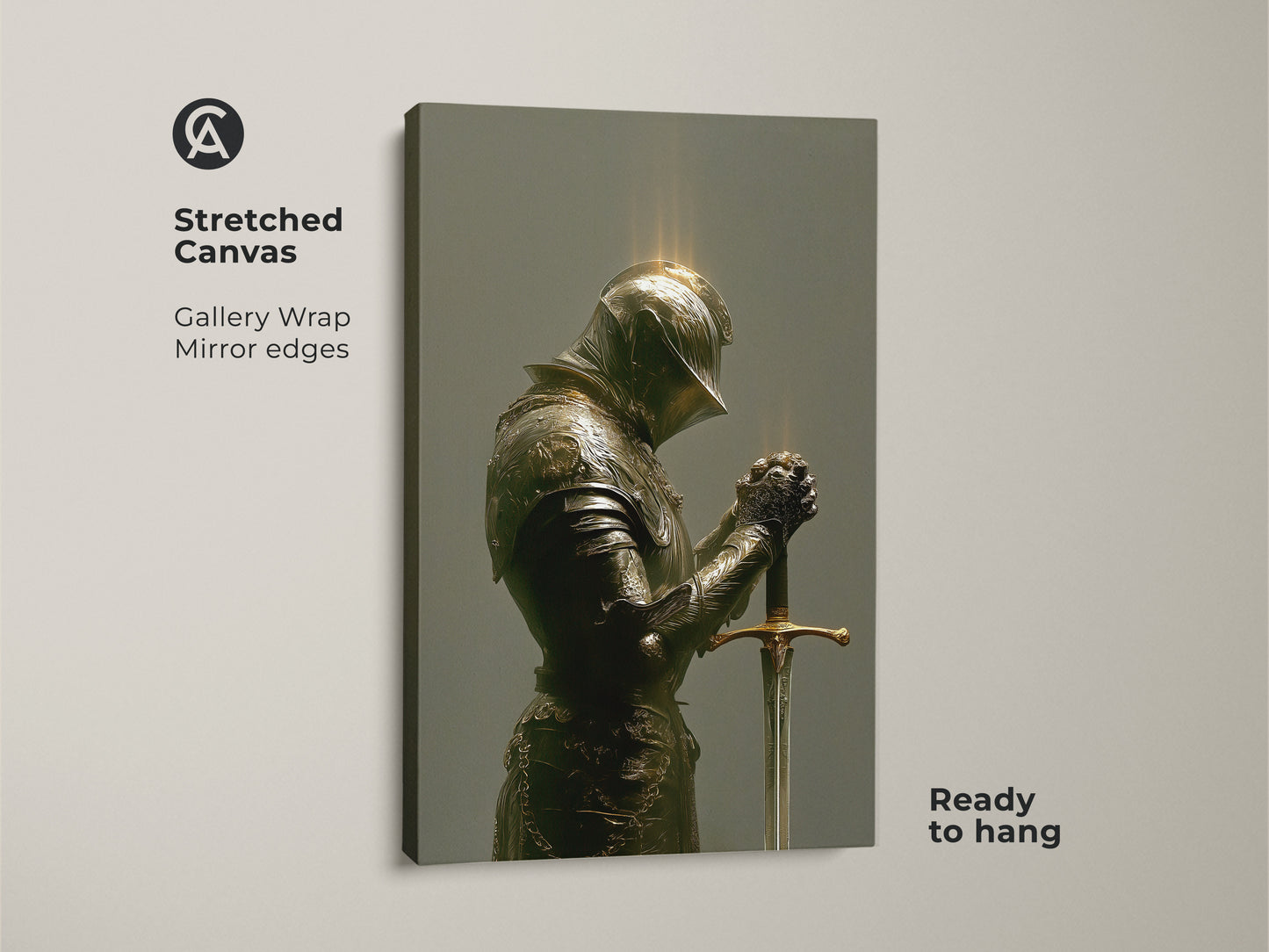 Stretched Canvas of a Knight in armor wall art. The medieval warrior canvas print is ready to hang. Perfect gothic study room decor or dark academia office art. Bronze green gold knight painting provides historical gravitas.
