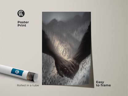 Poster print of a monochrome couple holding hands. This abstract figurative art piece offers contemporary bedroom decor. The minimalist artwork symbolizes love. It arrives rolled in a tube for easy framing. It is a unique anniversary gift and modern home wall art.