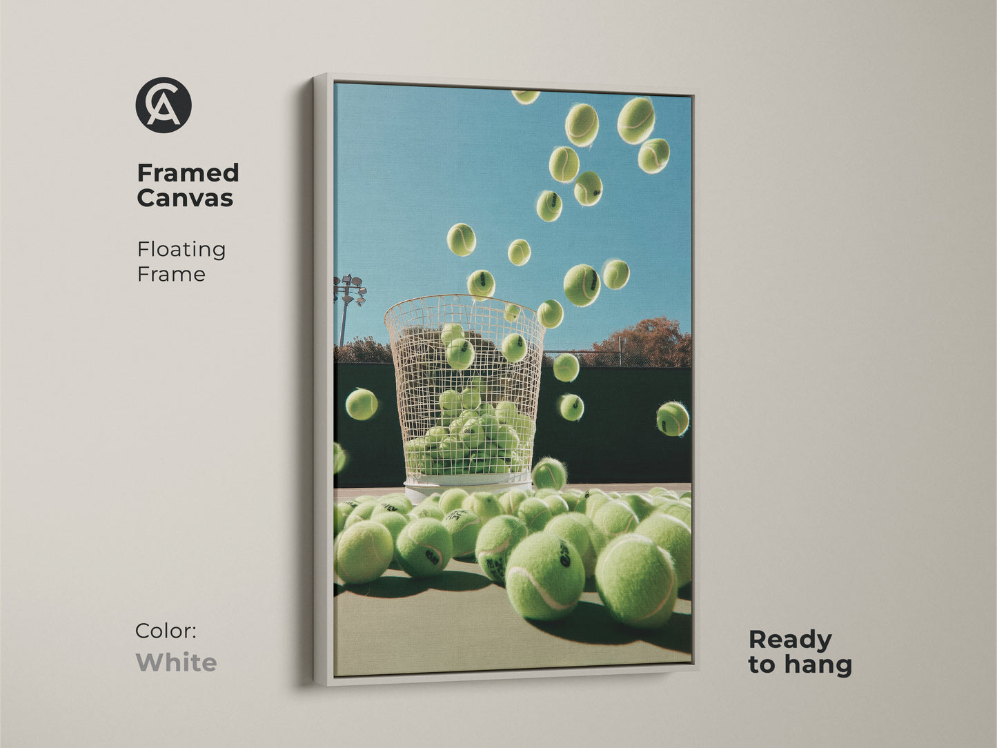 Framed canvas art with a white floating frame. Ready to hang and complements any decor. This tennis ball artwork is a clean modern addition to any room. The high-quality materials and expert craftsmanship ensure lasting beauty for years.