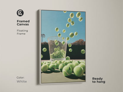 Framed canvas art with a white floating frame. Ready to hang and complements any decor. This tennis ball artwork is a clean modern addition to any room. The high-quality materials and expert craftsmanship ensure lasting beauty for years.