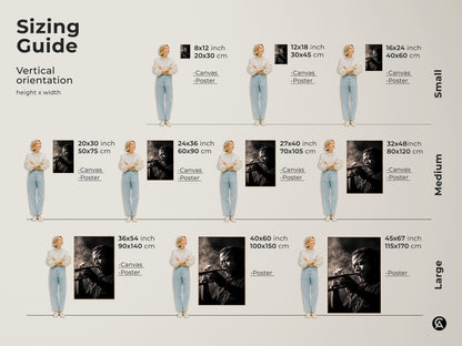 Sizing guide for vertical artwork orientation. See how different sizes look. Options include 8x12 inch 20x30 cm to 45x67 inch 115x170 cm. Choose between canvas and poster prints. Find the ideal size for your space. Shop today!