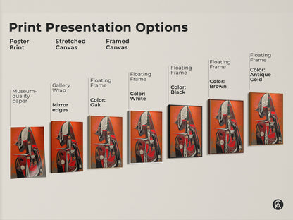 Print presentation options showcasing abstract figure art. Choose from poster prints or stretched canvas. Framed canvas options in black brown oak antique gold and white. Find the perfect eclectic wall art.