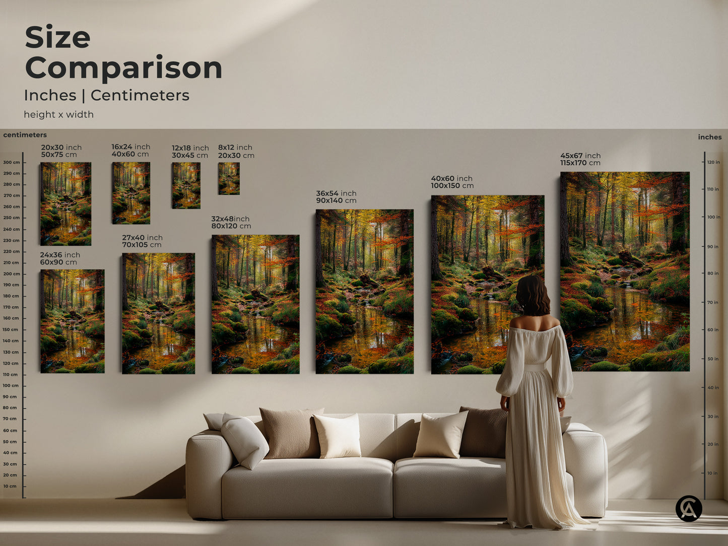 Size comparison of forest stream art prints. See how the artwork scales in inches and centimeters. Visualize different sizes on a wall above a sofa. Find the ideal dimensions for your space with this helpful guide.