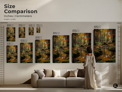 Size comparison of forest stream art prints. See how the artwork scales in inches and centimeters. Visualize different sizes on a wall above a sofa. Find the ideal dimensions for your space with this helpful guide.
