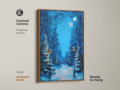 Framed canvas featuring a deep blue winter scene. The antique gold floating frame enhances the rustic charm. Ready to hang this snowy path artwork with street lamps is a festive Christmas decor piece. It's an ideal gift for winter lovers.