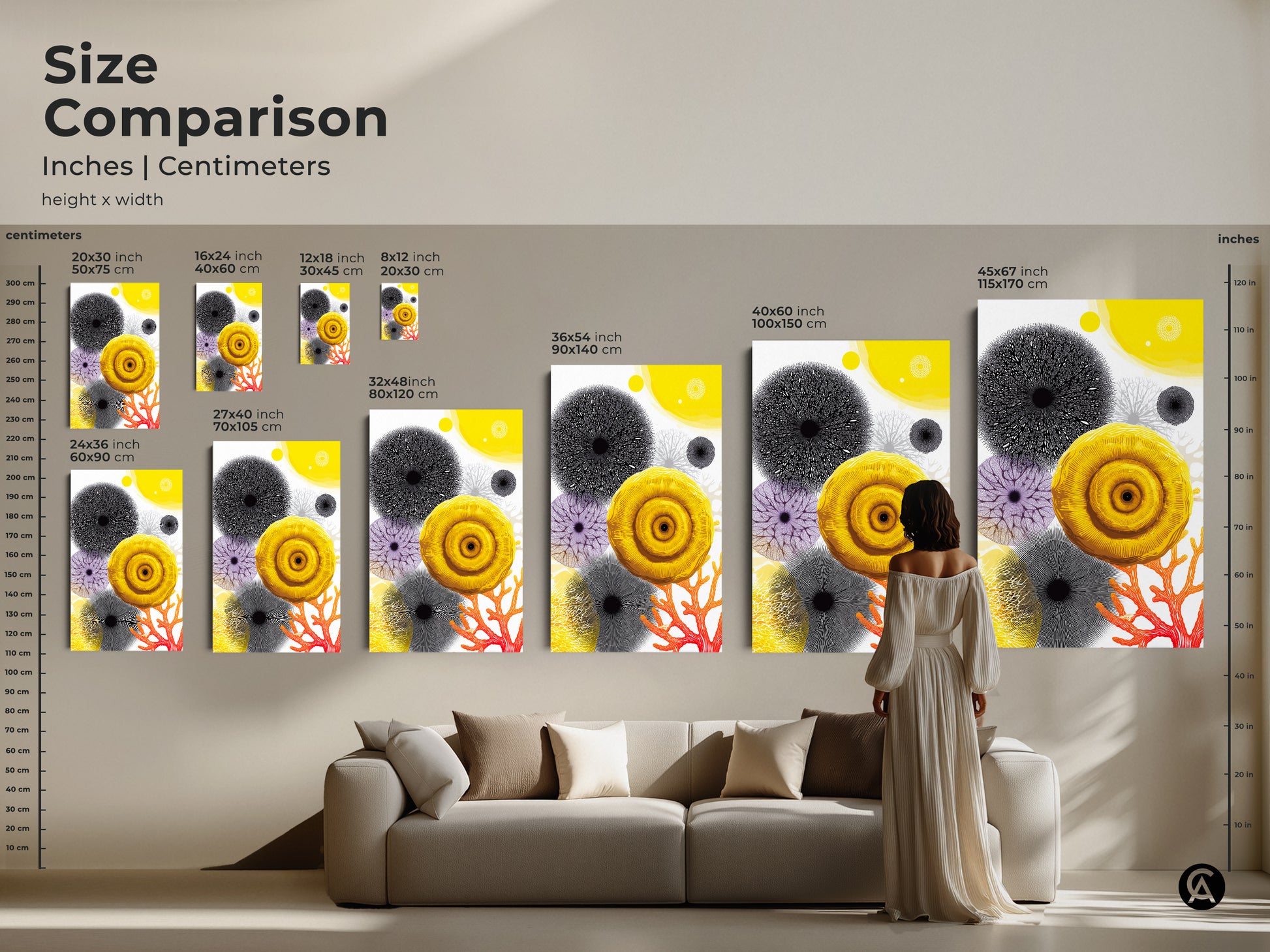 Size comparison for abstract botanical prints in inches and centimeters. Visualize art size above a sofa. This vibrant yellow and coral wall art brings organic modern style. Perfect home decor.