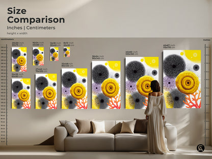 Size comparison for abstract botanical prints in inches and centimeters. Visualize art size above a sofa. This vibrant yellow and coral wall art brings organic modern style. Perfect home decor.