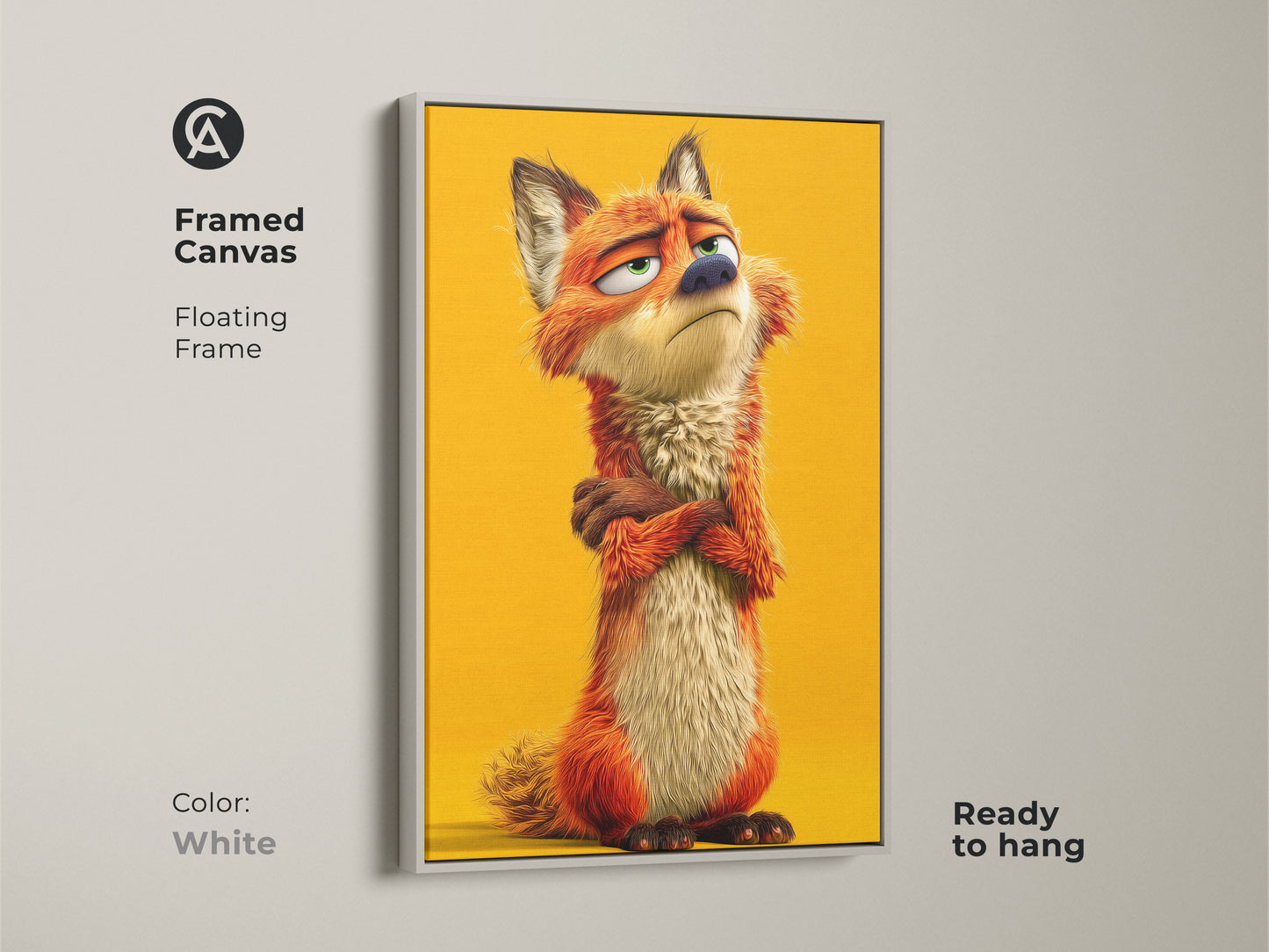Framed canvas featuring whimsical fox artwork. The floating frame is white and ready to hang. This cute animal character print is ideal for kids room decor. The eclectic art has an orange yellow palette.