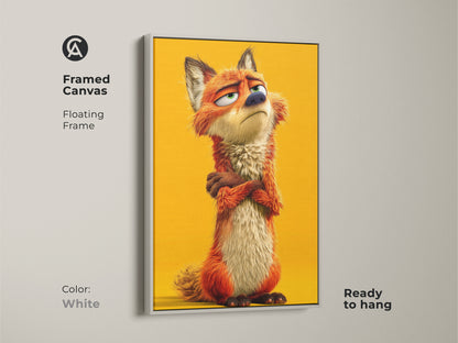 Framed canvas featuring whimsical fox artwork. The floating frame is white and ready to hang. This cute animal character print is ideal for kids room decor. The eclectic art has an orange yellow palette.