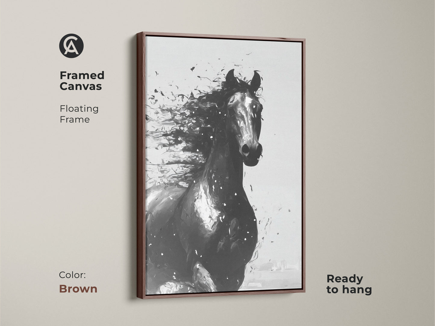 Framed canvas of abstract horse art in brown. Floating frame complements contemporary equine artwork. Ready to hang animal wall art for living spaces. Perfect for horse lovers home decor.